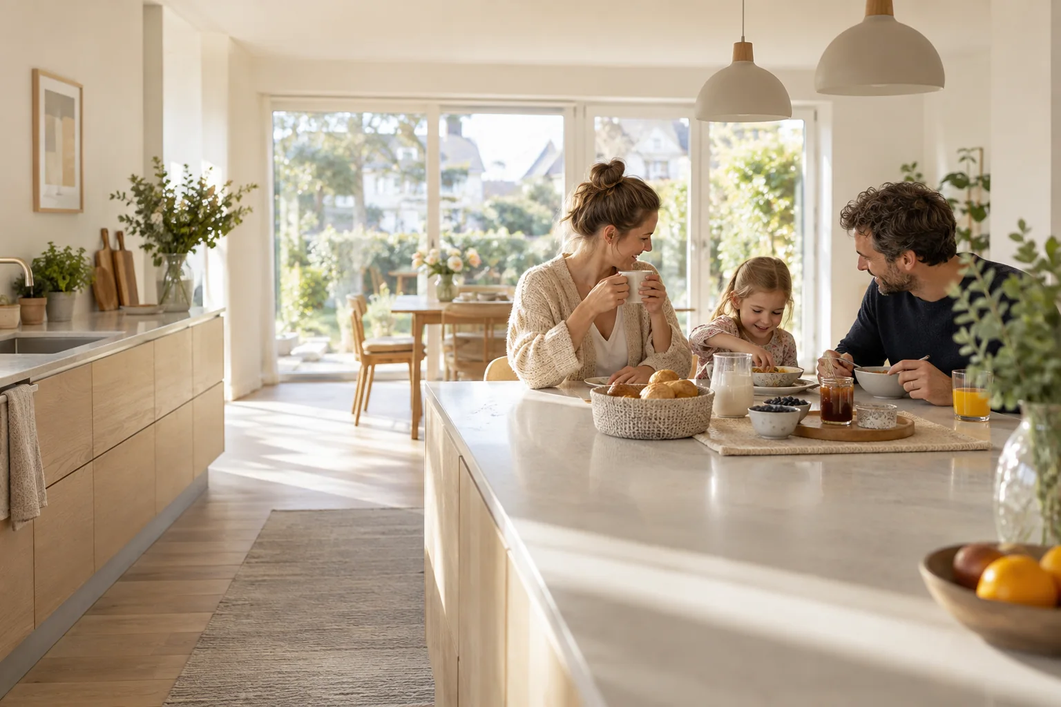 Familie bei einem entspannten Frühstück in einer hellen, sauberen Küche